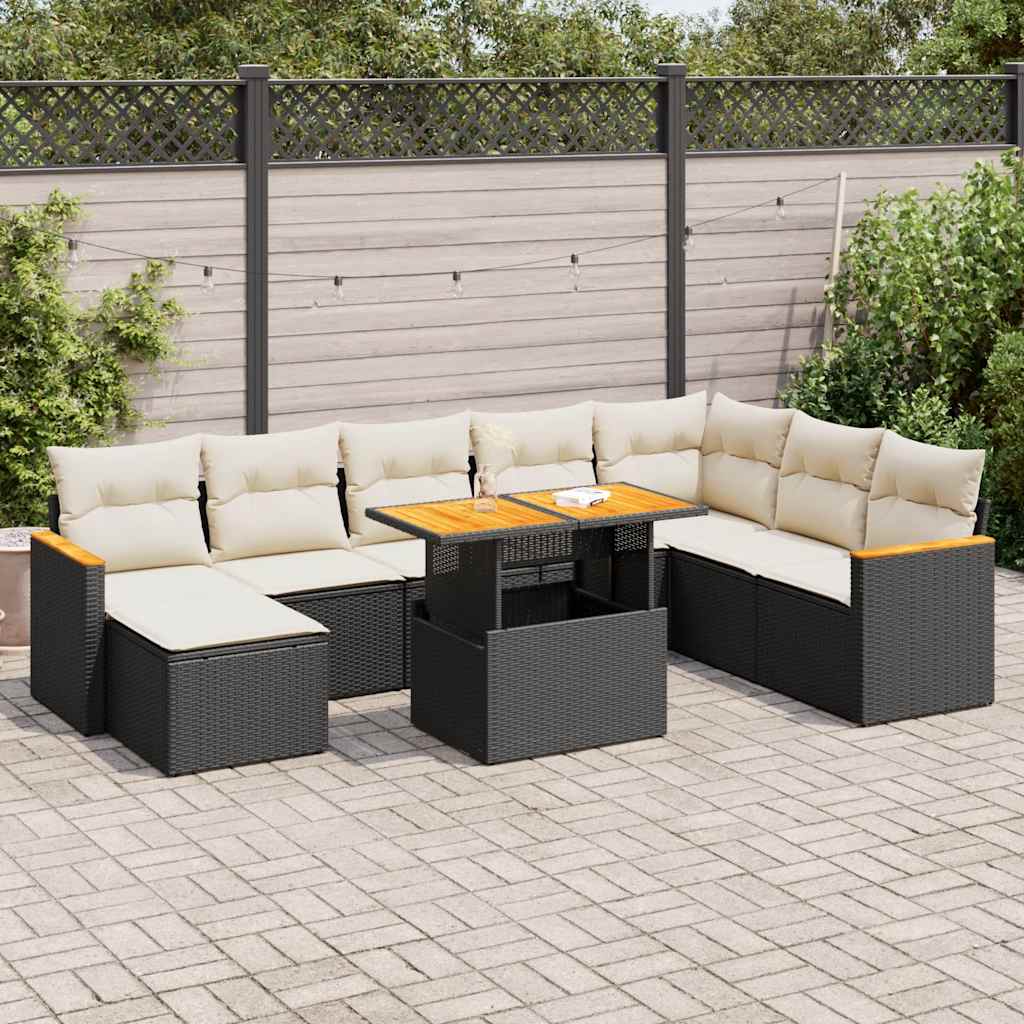 Set mobilier grădină perne 9 piese negru poliratan/lemn acacia