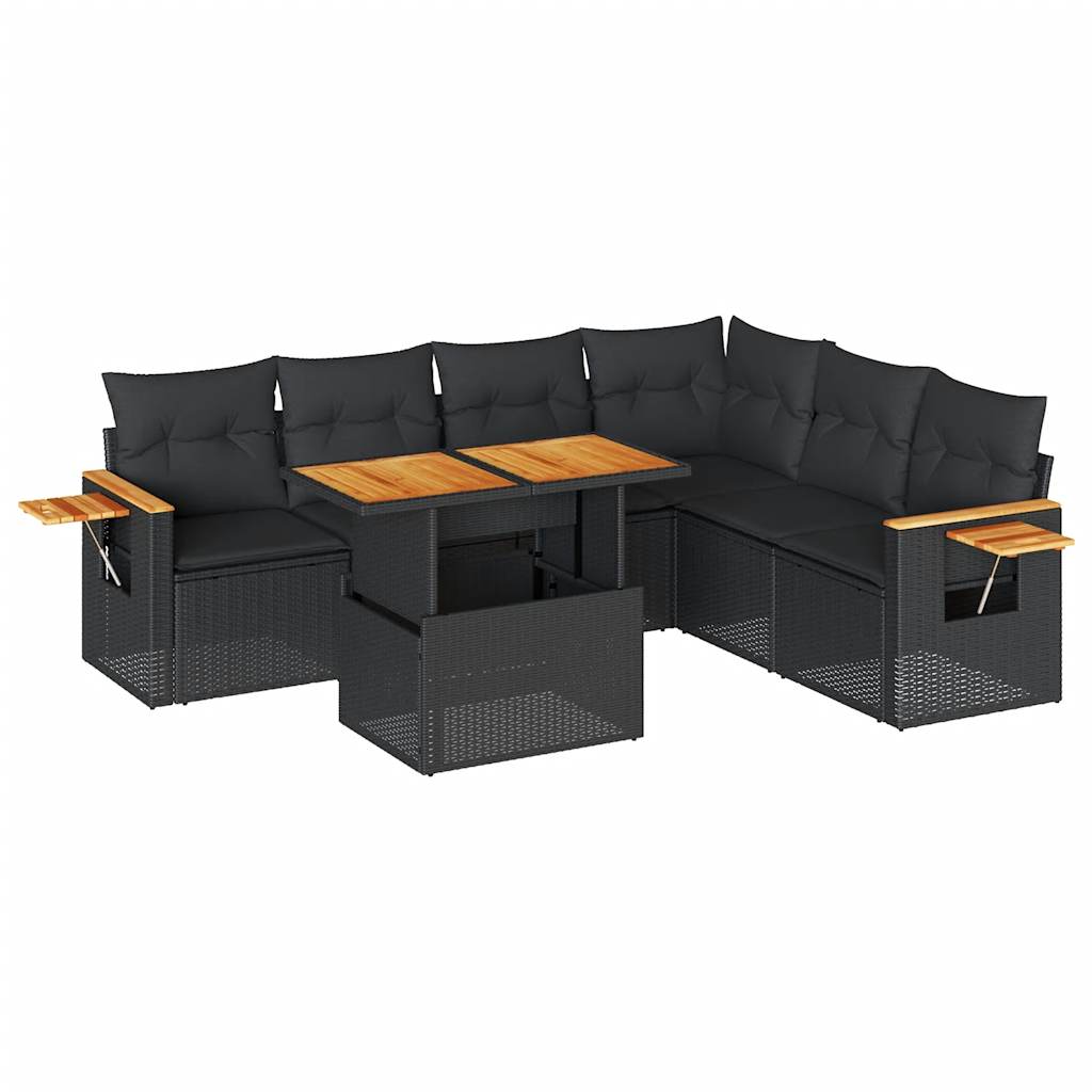 Set mobilier grădină perne 6 piese negru poliratan/lemn acacia