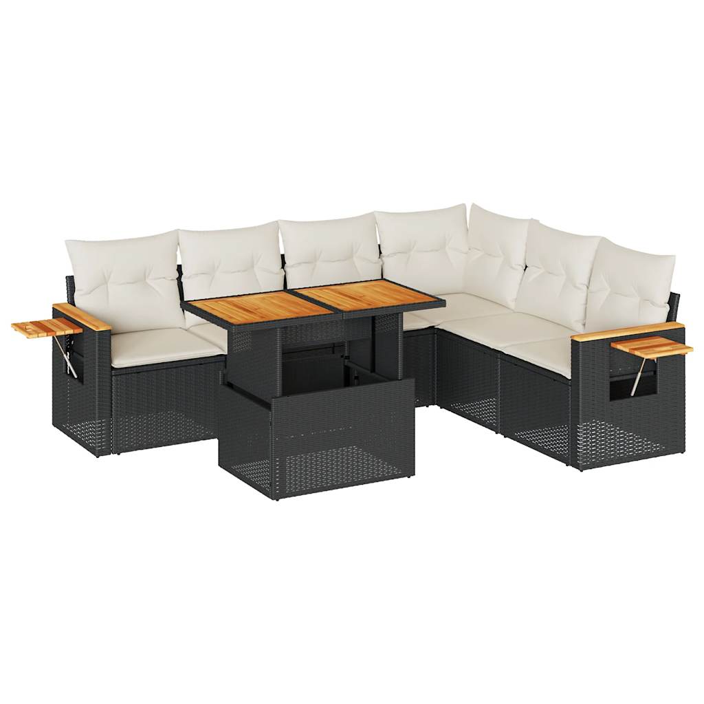 Set mobilier grădină perne 6 piese negru poliratan/lemn acacia