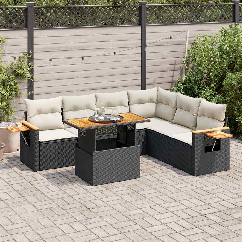 Set mobilier grădină perne 6 piese negru poliratan/lemn acacia