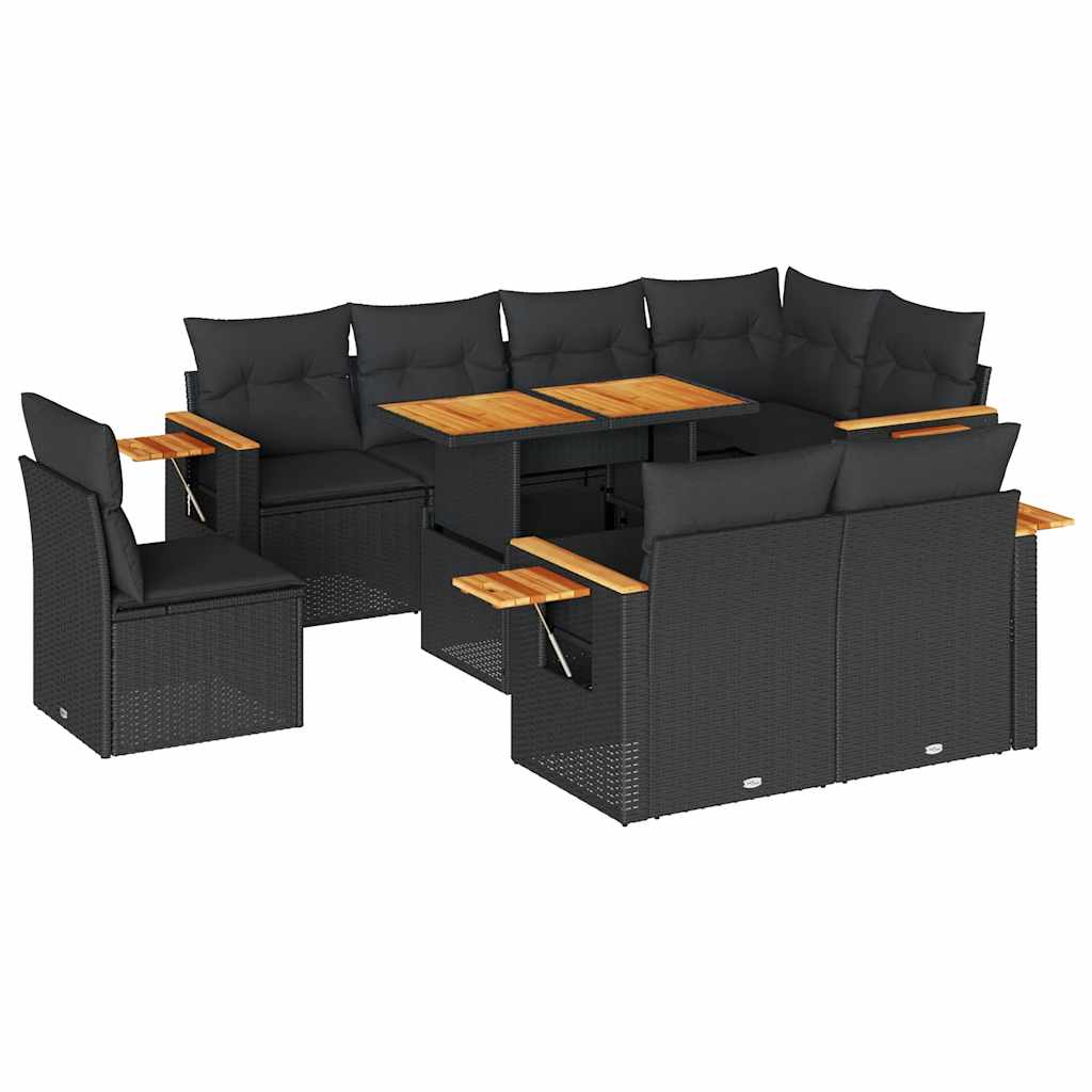 Set mobilier grădină perne 9 piese negru poliratan/lemn acacia