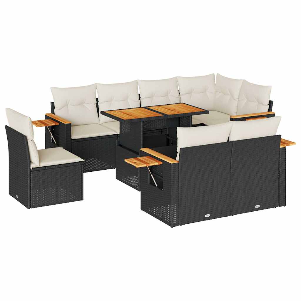 Set mobilier grădină perne 9 piese negru poliratan/lemn acacia