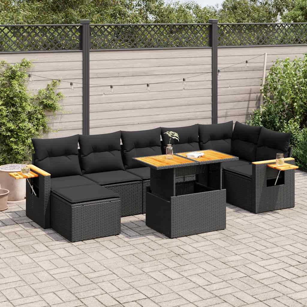 Set mobilier grădină perne 8 piese negru, poliratan/lemn acacia