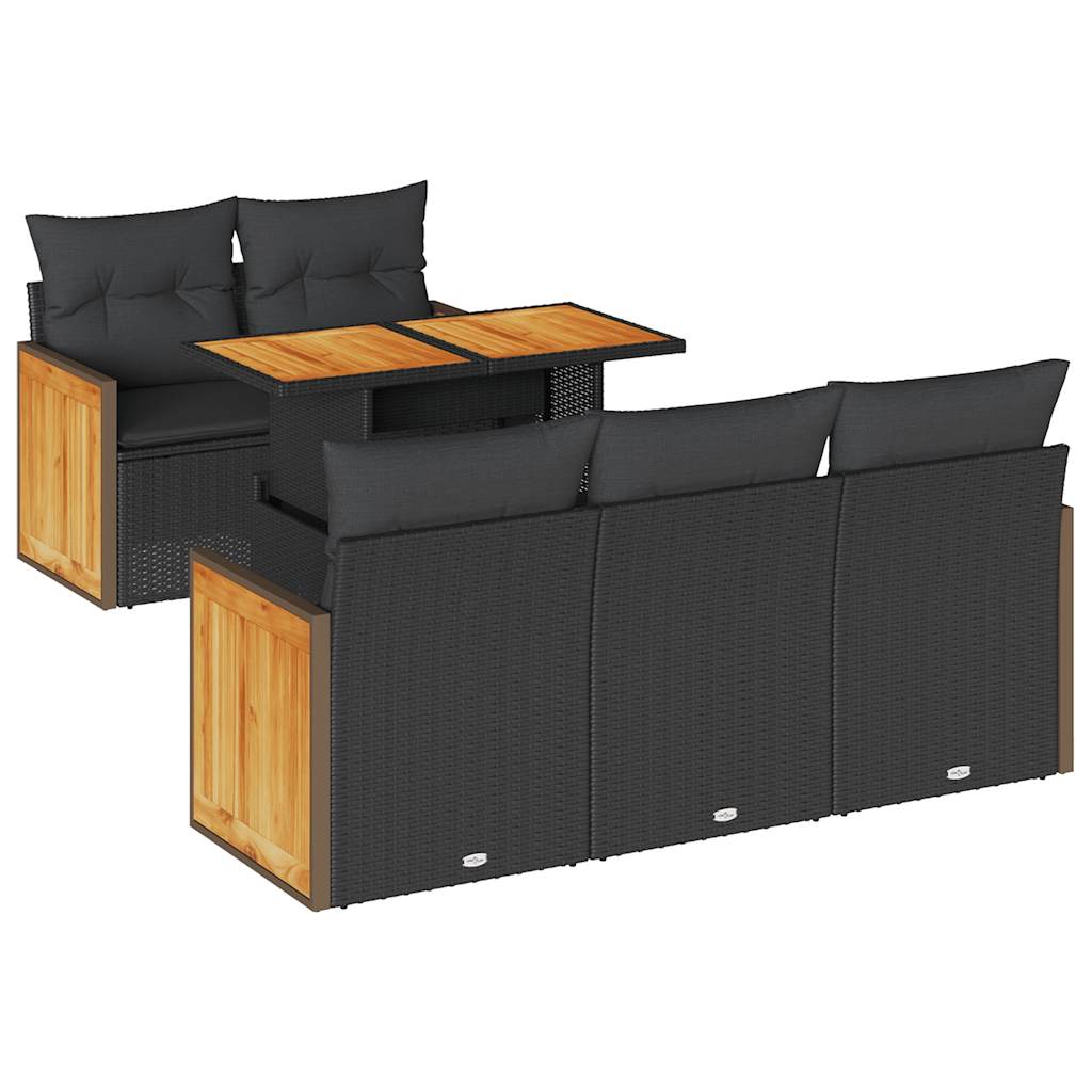 Set mobilier grădină perne 6 piese negru poliratan/lemn acacia