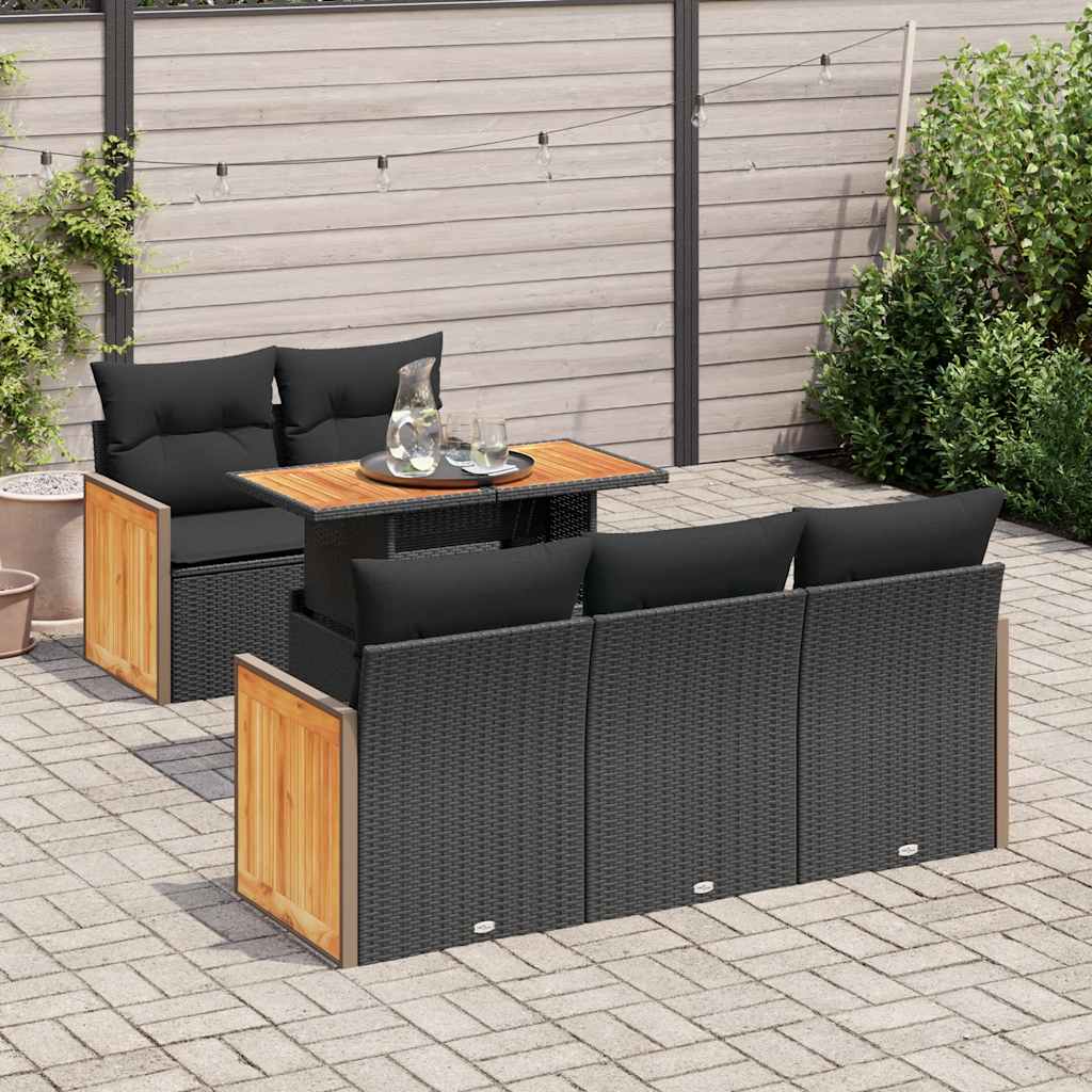 Set mobilier grădină perne 6 piese negru poliratan/lemn acacia