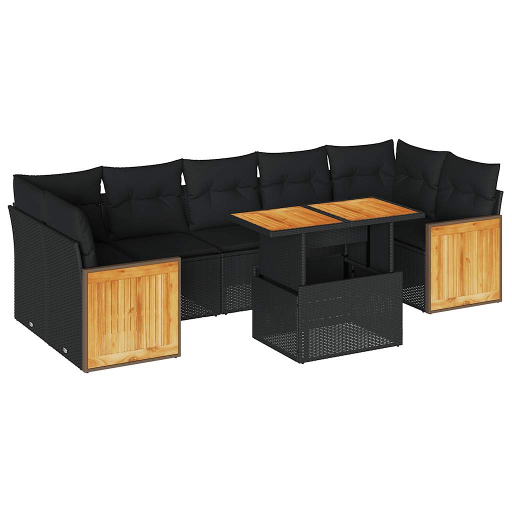 Set mobilier grădină perne 8 piese negru, poliratan/lemn acacia