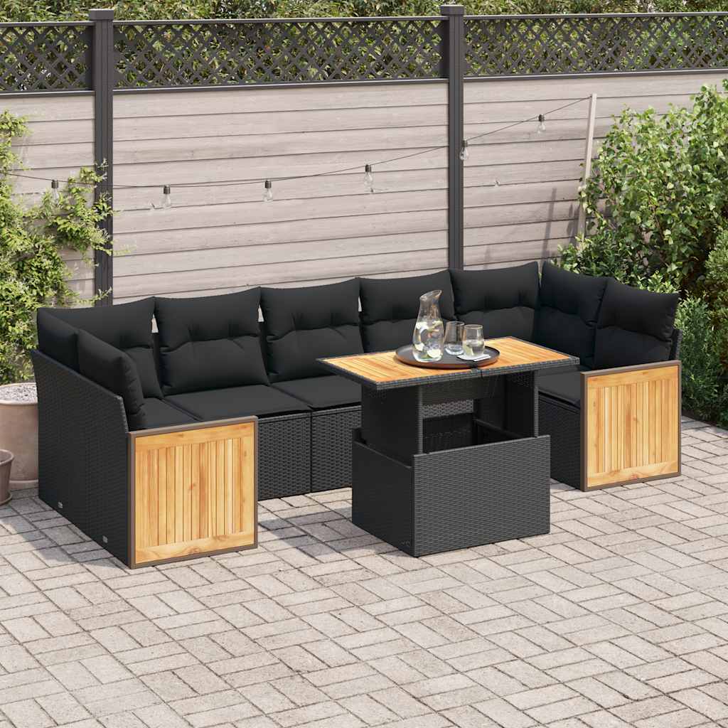 Set mobilier grădină perne 8 piese negru, poliratan/lemn acacia