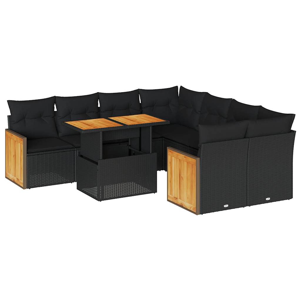 Set mobilier grădină perne 9 piese negru poliratan/lemn acacia