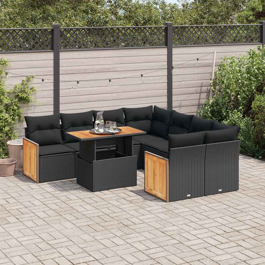 Set mobilier grădină perne 9 piese negru poliratan/lemn acacia