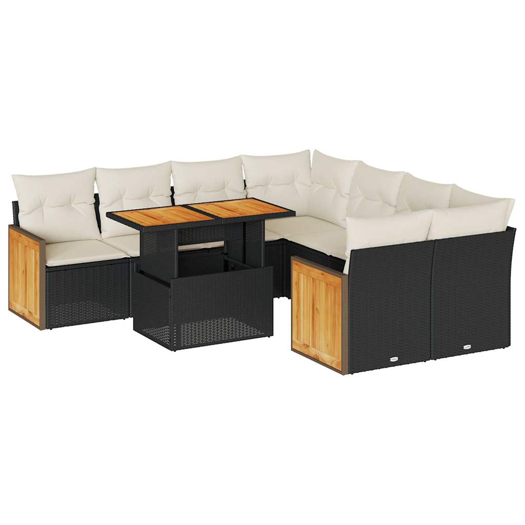 Set mobilier grădină perne 9 piese negru poliratan/lemn acacia