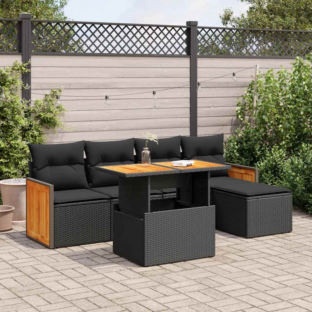 Set mobilier grădină perne 6 piese negru poliratan/lemn acacia