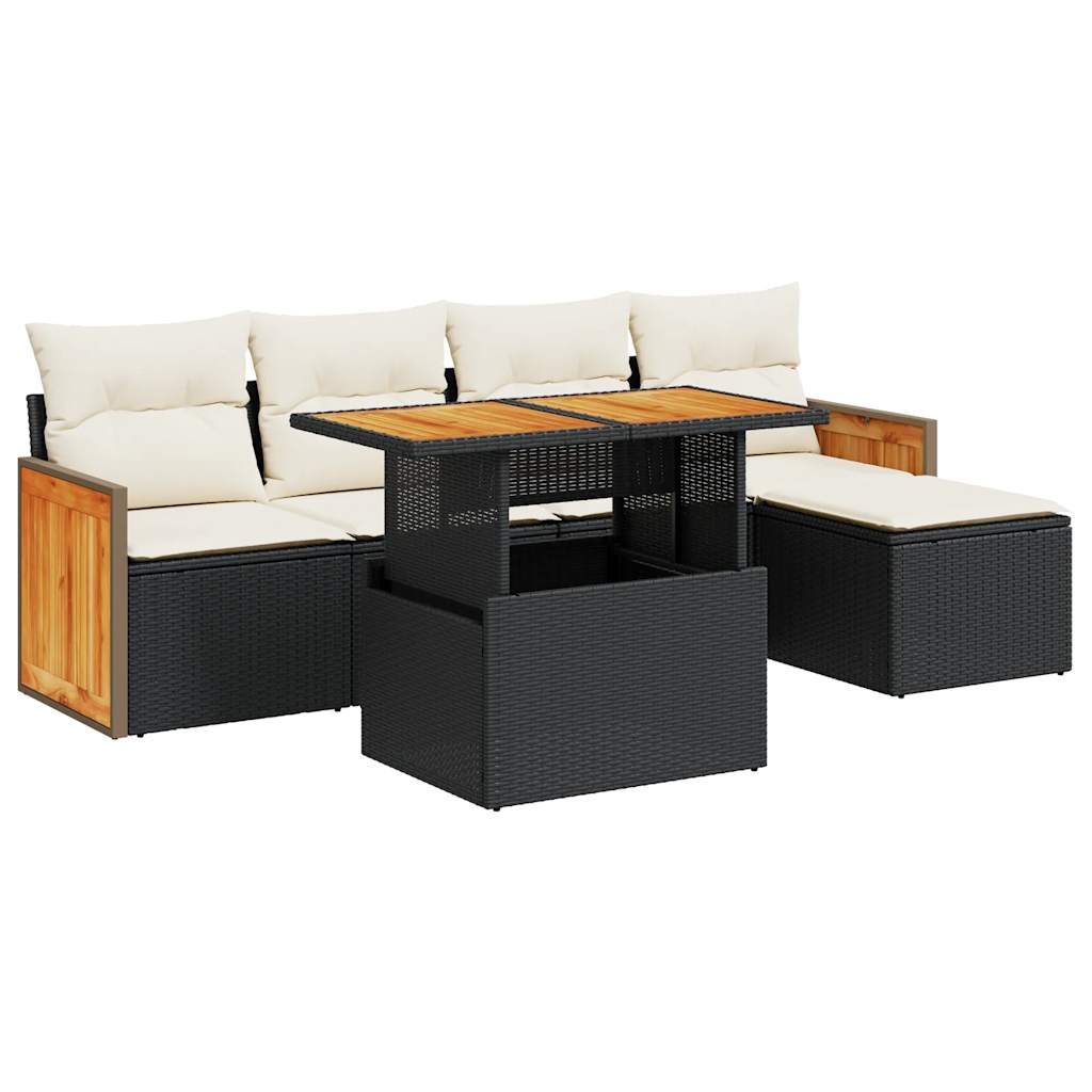 Set mobilier grădină perne 6 piese negru poliratan/lemn acacia