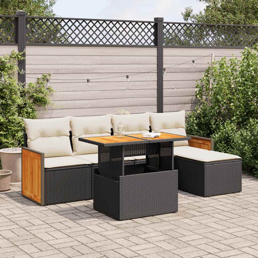 Set mobilier grădină perne 6 piese negru poliratan/lemn acacia