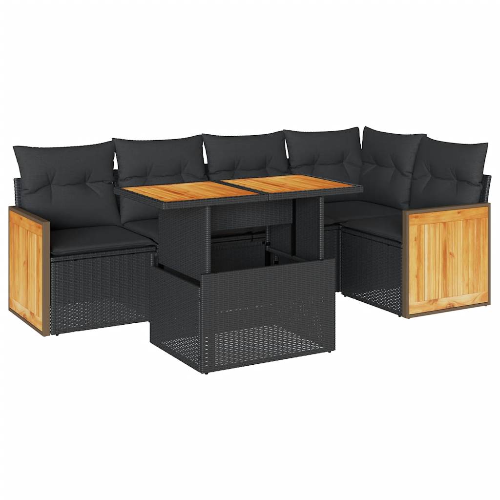 Set mobilier grădină perne 6 piese negru poliratan/lemn acacia