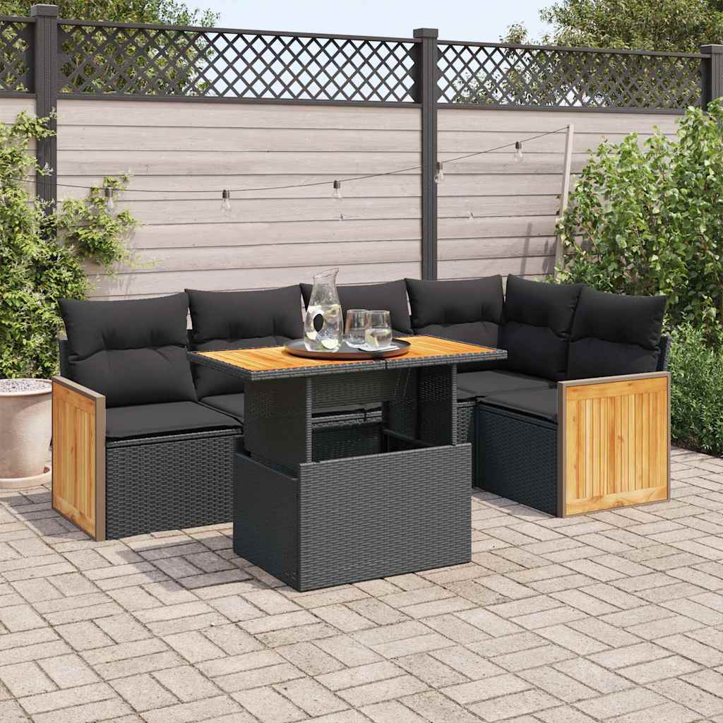 Set mobilier grădină perne 6 piese negru poliratan/lemn acacia