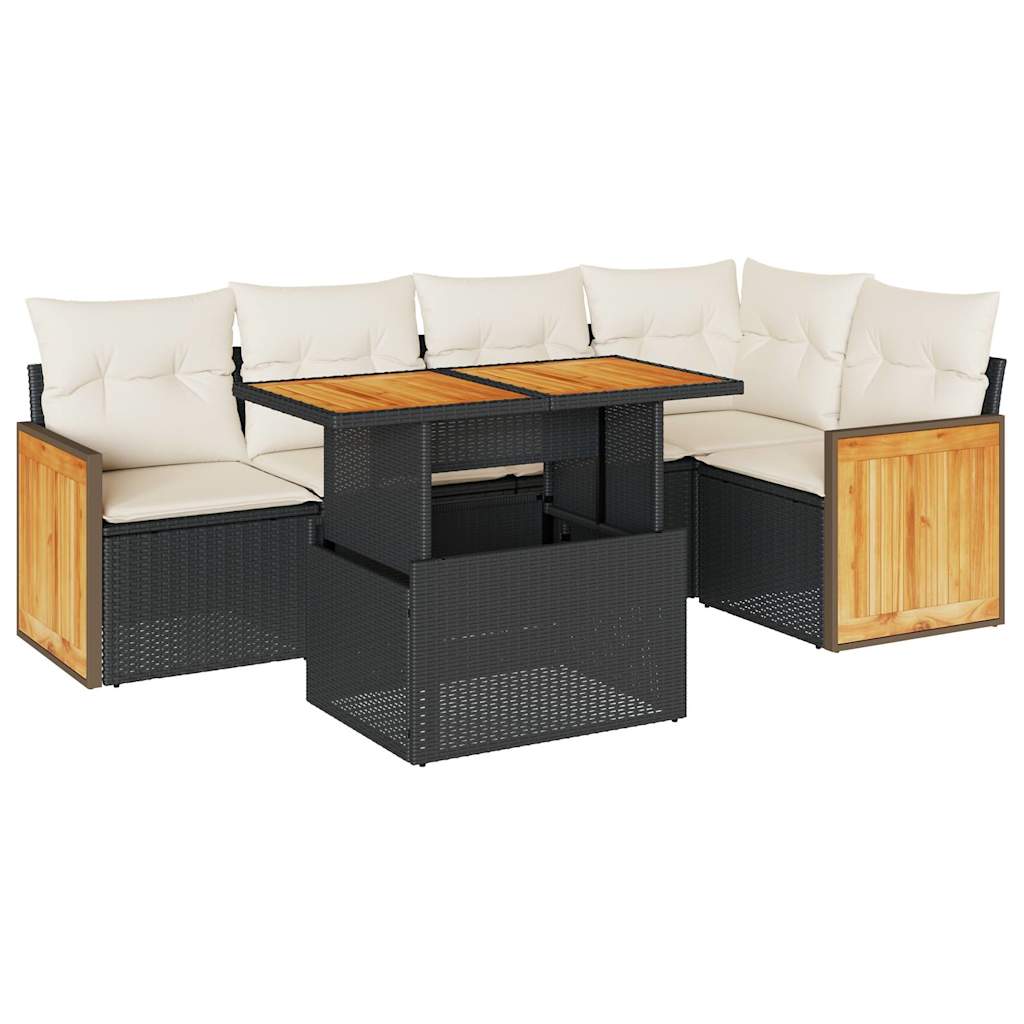 Set mobilier grădină perne 6 piese negru poliratan/lemn acacia