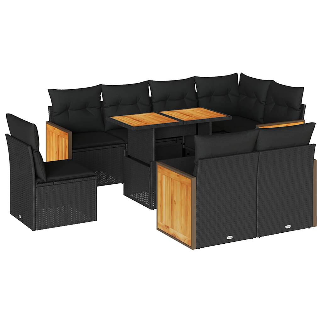 Set mobilier grădină perne 9 piese negru poliratan/lemn acacia