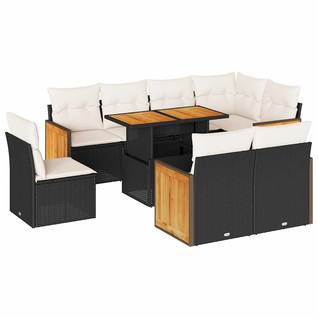 Set mobilier grădină perne 9 piese negru poliratan/lemn acacia