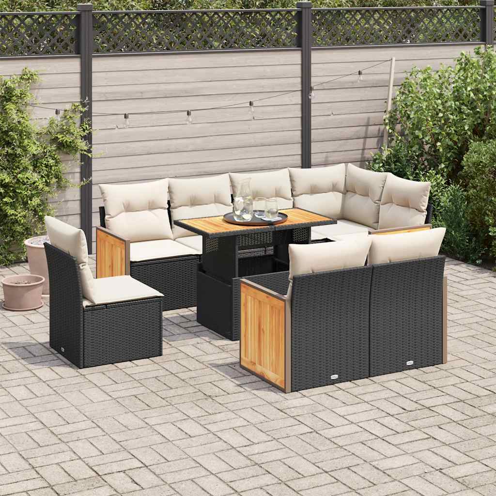 Set mobilier grădină perne 9 piese negru poliratan/lemn acacia