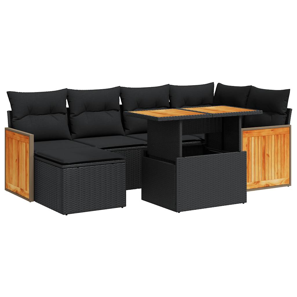 Set mobilier grădină perne 8 piese negru, poliratan/lemn acacia