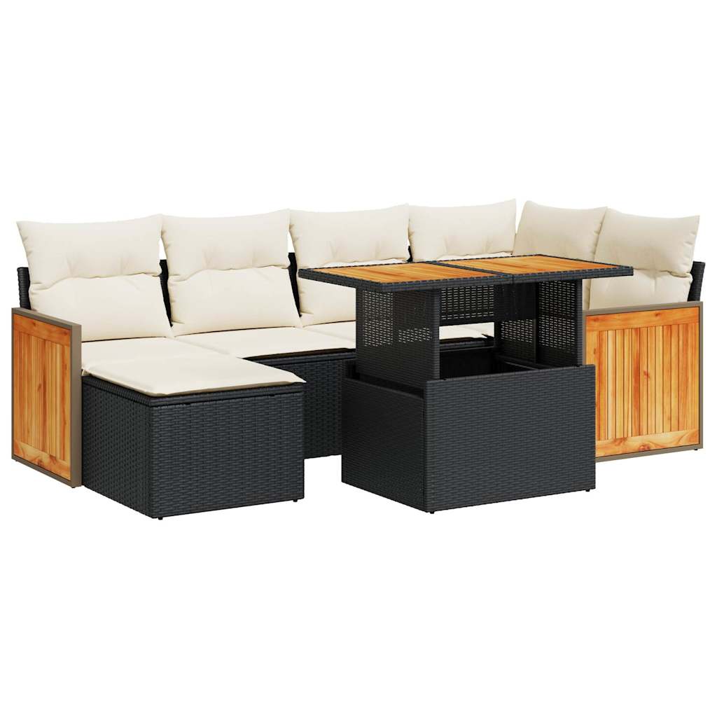 Set mobilier grădină perne 8 piese negru, poliratan/lemn acacia