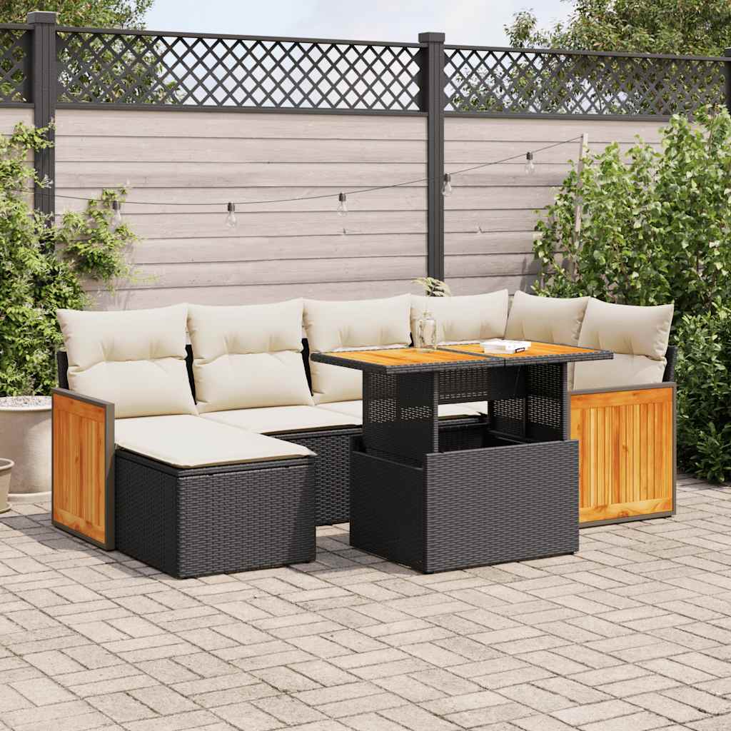 Set mobilier grădină perne 8 piese negru, poliratan/lemn acacia