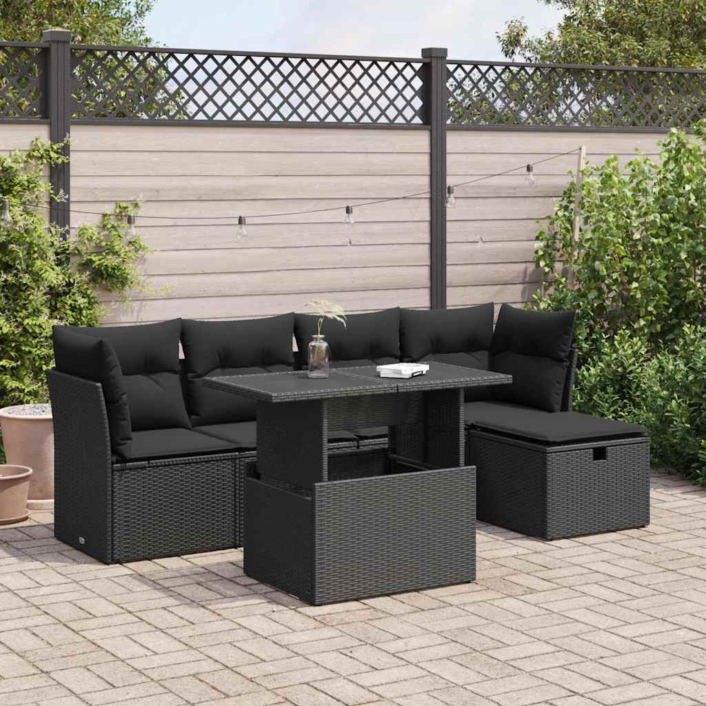 Set mobilier de grădină cu perne, 6 piese, negru, poliratan