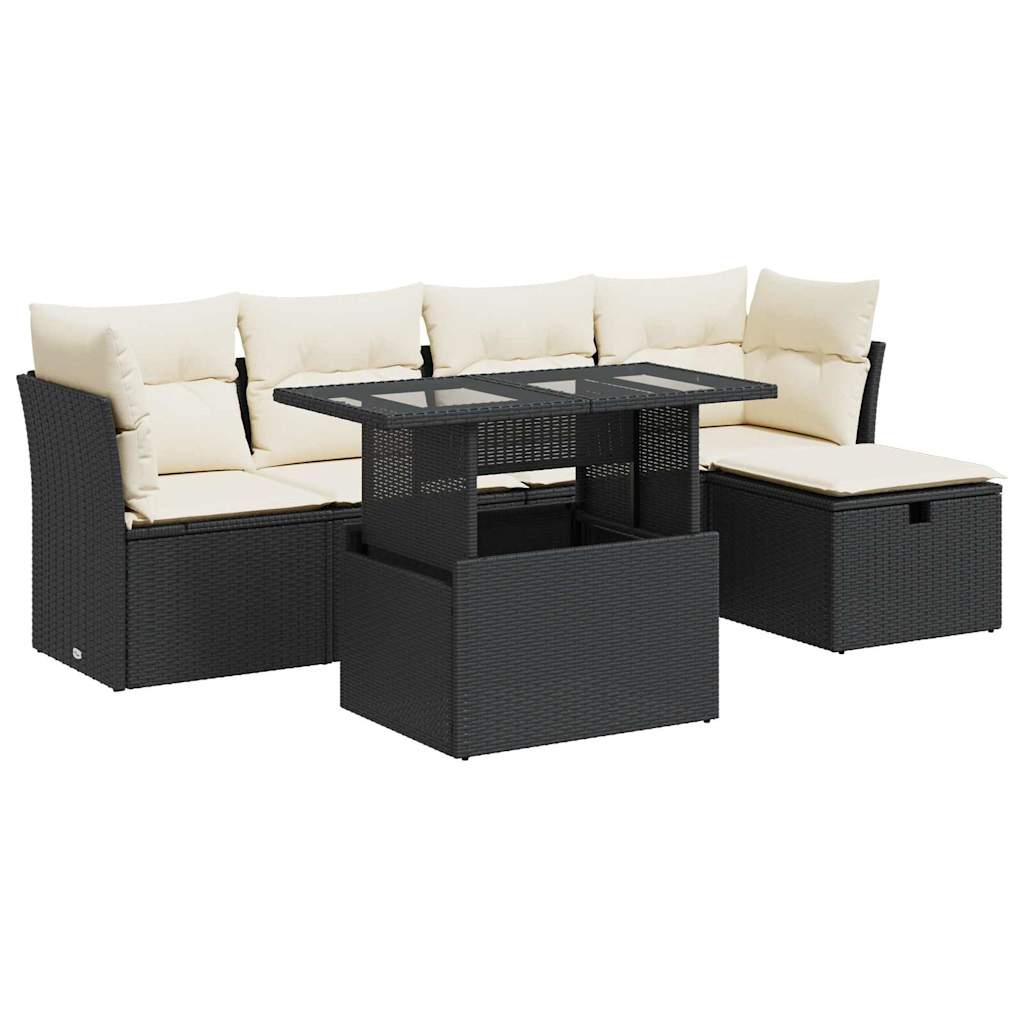 Set mobilier de grădină cu perne, 6 piese, negru, poliratan