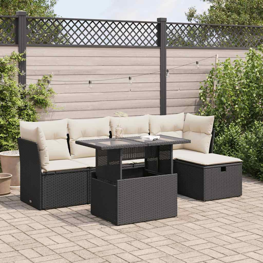 Set mobilier de grădină cu perne, 6 piese, negru, poliratan