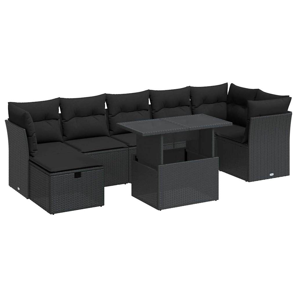 Set mobilier de grădină cu perne, 8 piese, negru, poliratan