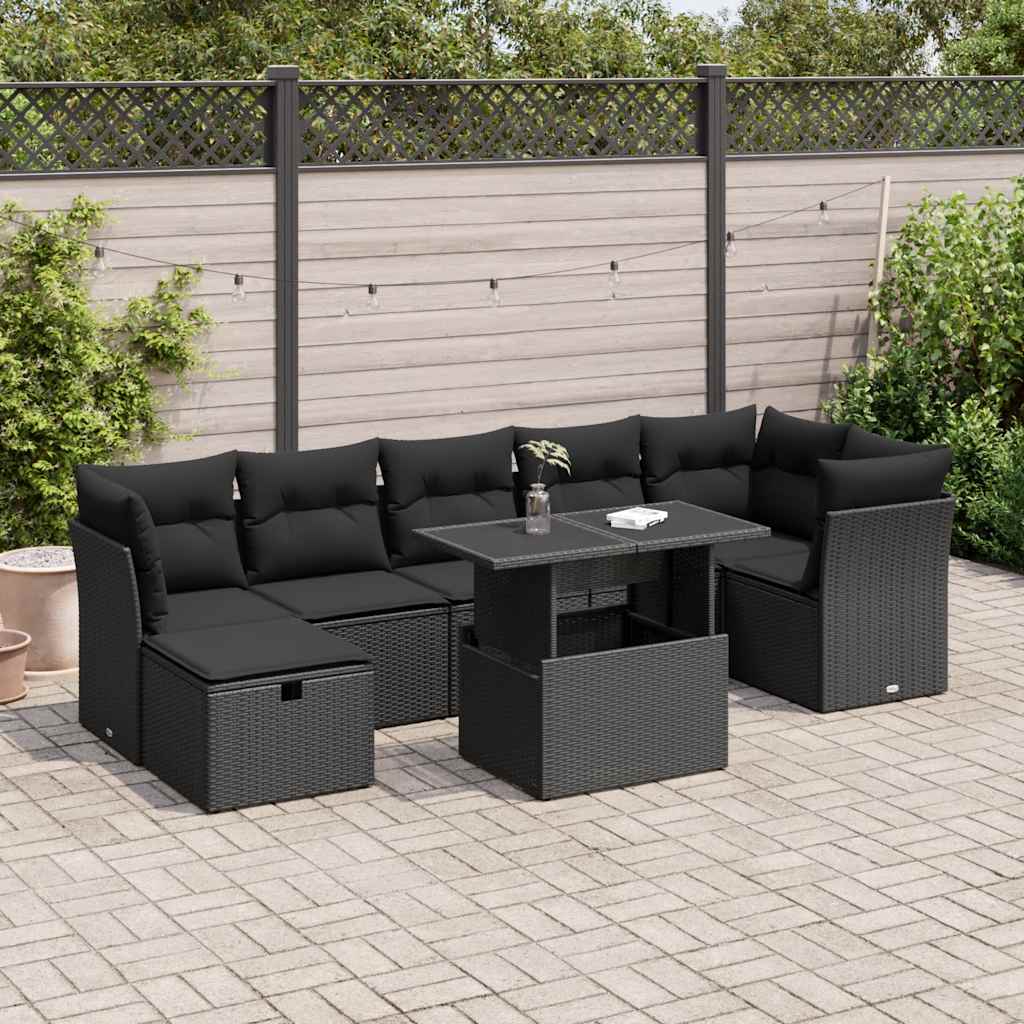 Set mobilier de grădină cu perne, 8 piese, negru, poliratan