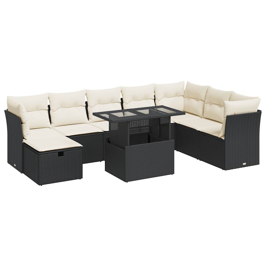 Set mobilier de grădină cu perne, 9 piese, negru, poliratan