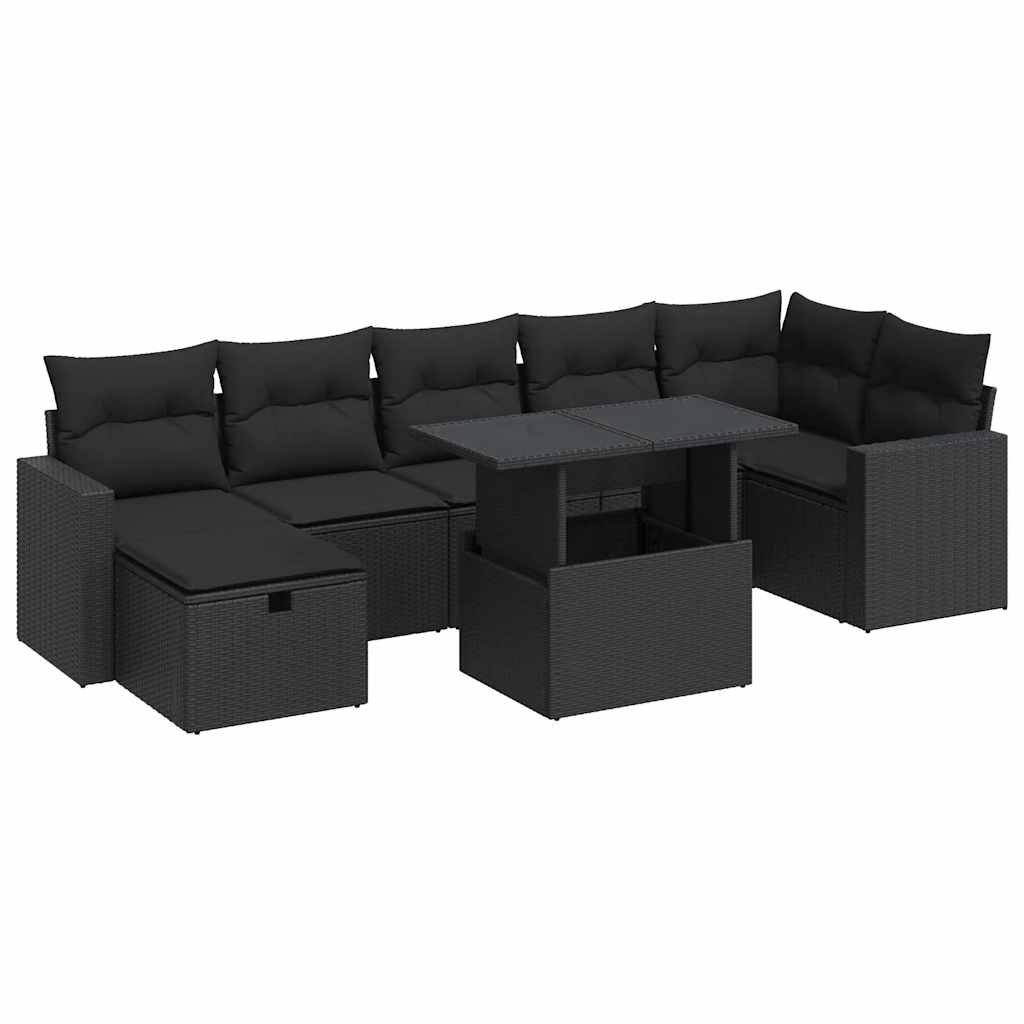 Set mobilier de grădină cu perne, 8 piese, negru, poliratan