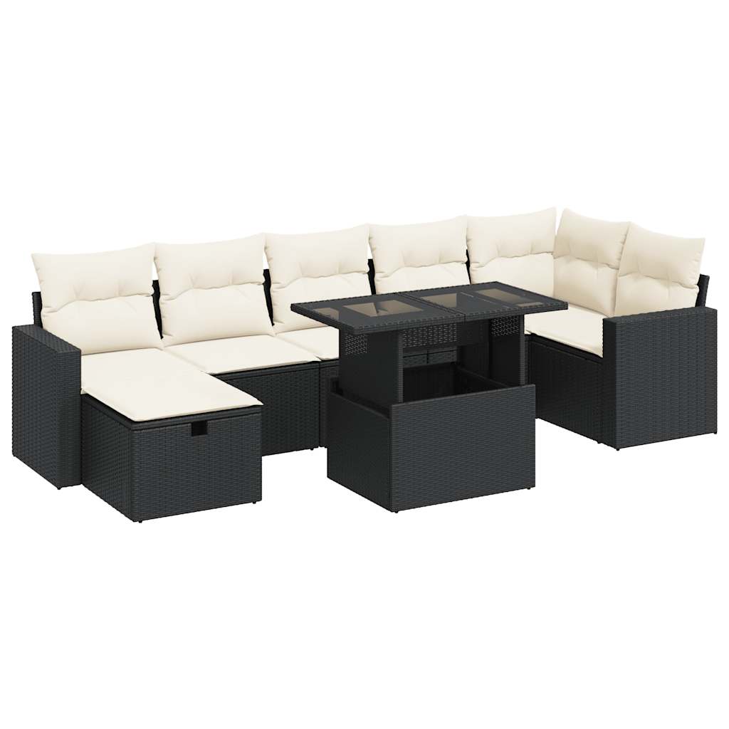 Set mobilier de grădină cu perne, 8 piese, negru, poliratan