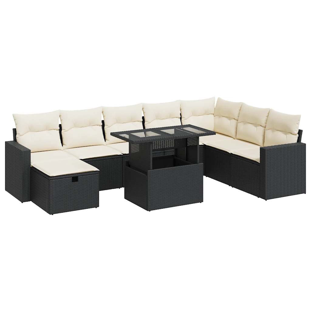 Set mobilier de grădină cu perne, 9 piese, negru, poliratan