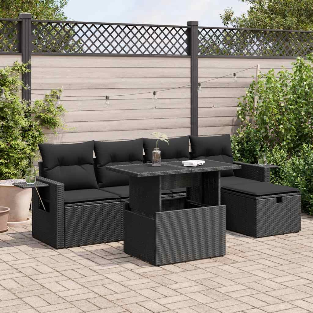 Set mobilier de grădină cu perne, 6 piese, negru, poliratan