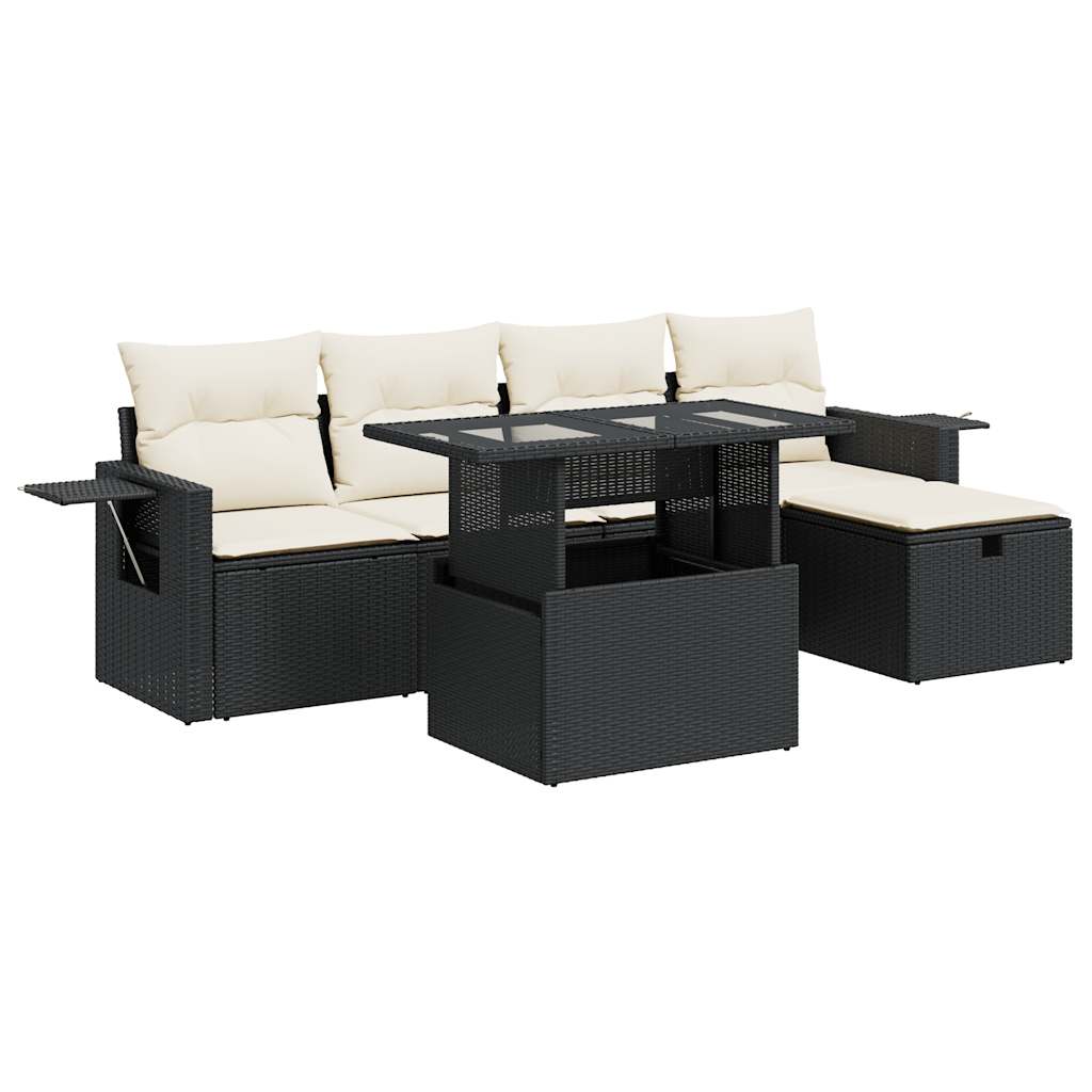 Set mobilier de grădină cu perne, 6 piese, negru, poliratan