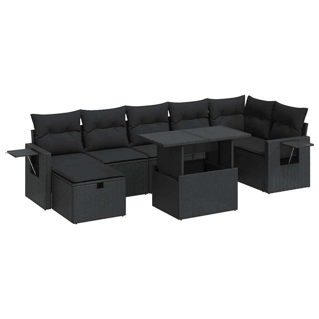 Set mobilier de grădină cu perne, 8 piese, negru, poliratan