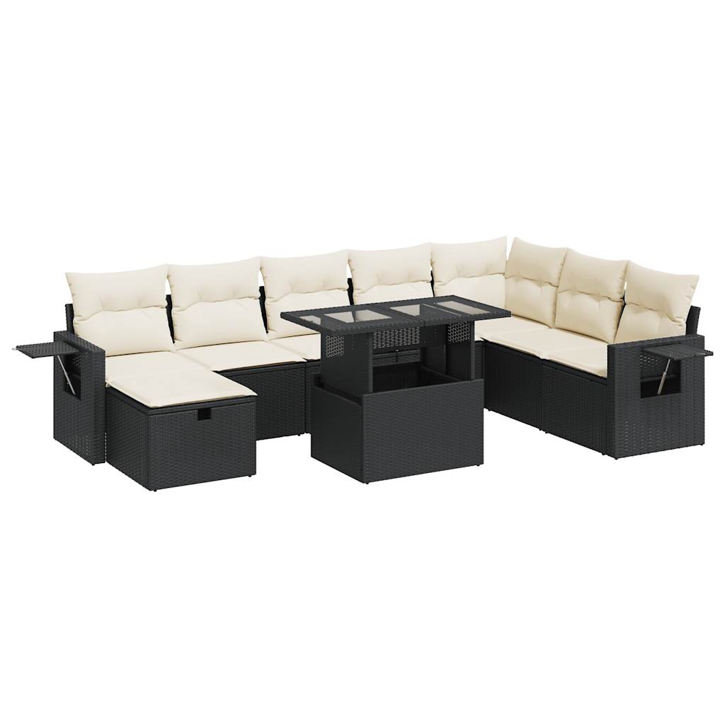 Set mobilier de grădină cu perne, 9 piese, negru, poliratan