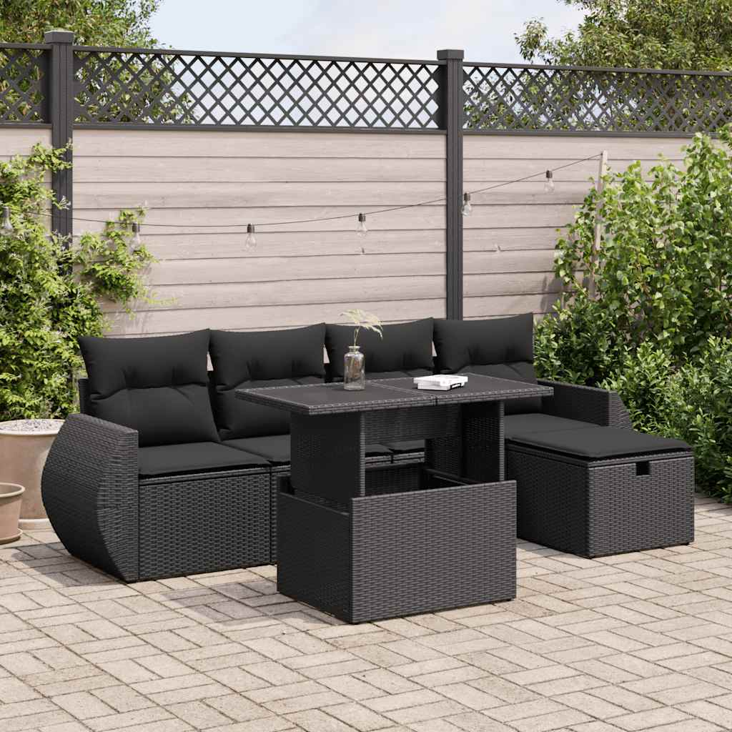 Set mobilier de grădină cu perne, 6 piese, negru, poliratan