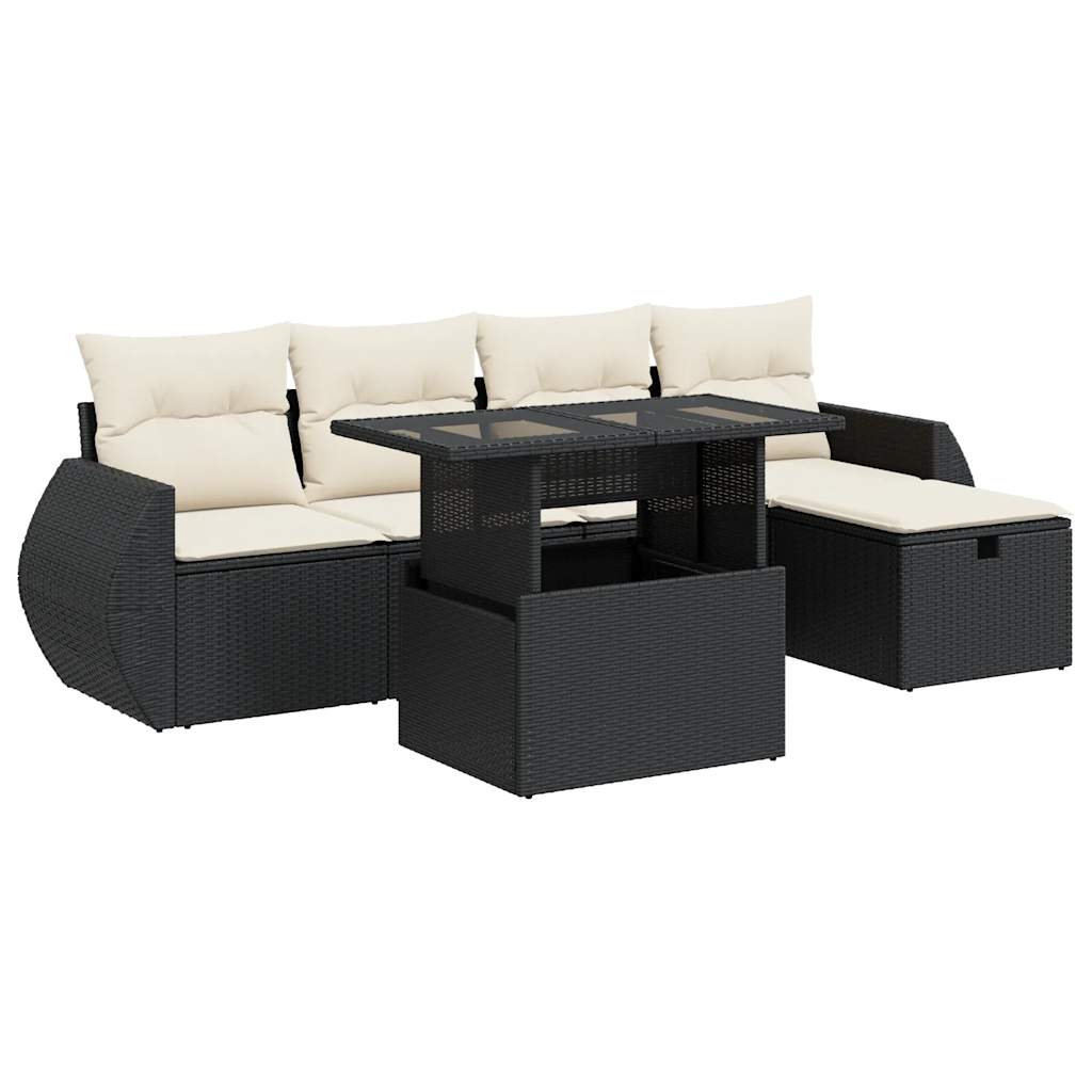 Set mobilier de grădină cu perne, 6 piese, negru, poliratan