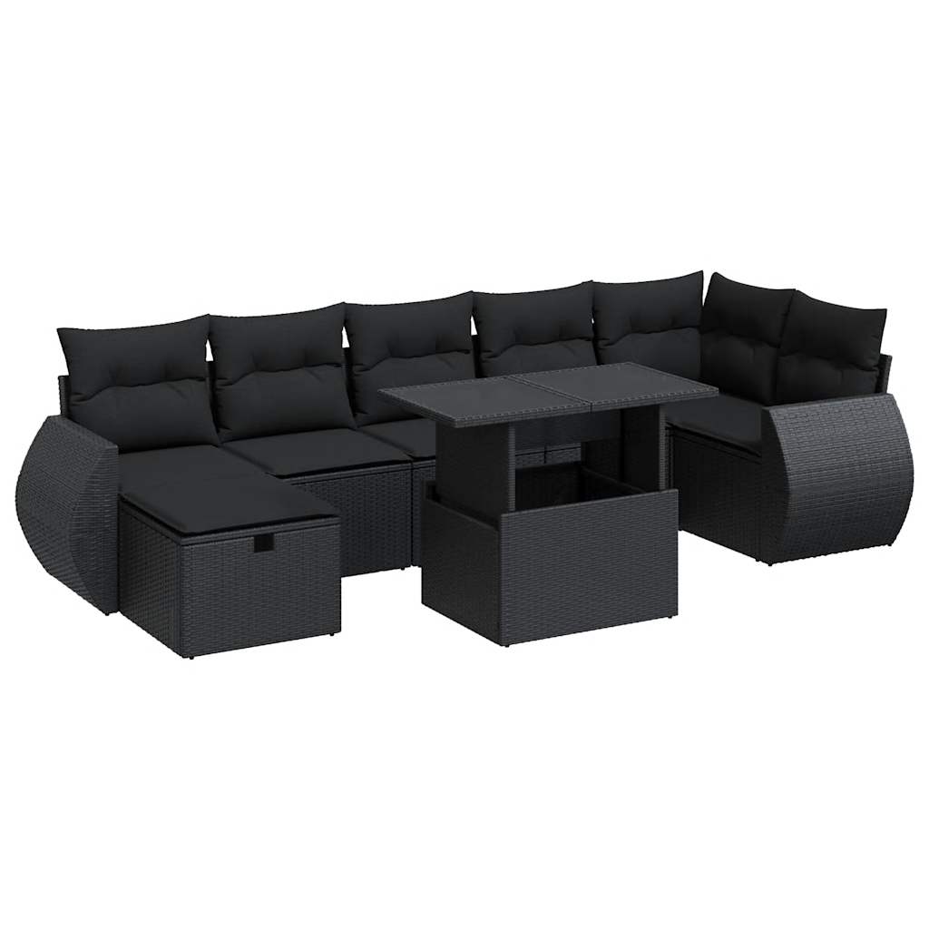 Set mobilier de grădină cu perne, 8 piese, negru, poliratan