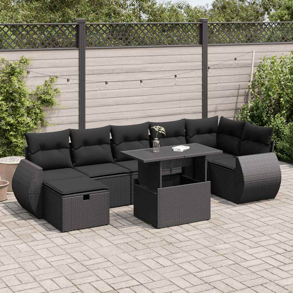 Set mobilier de grădină cu perne, 8 piese, negru, poliratan