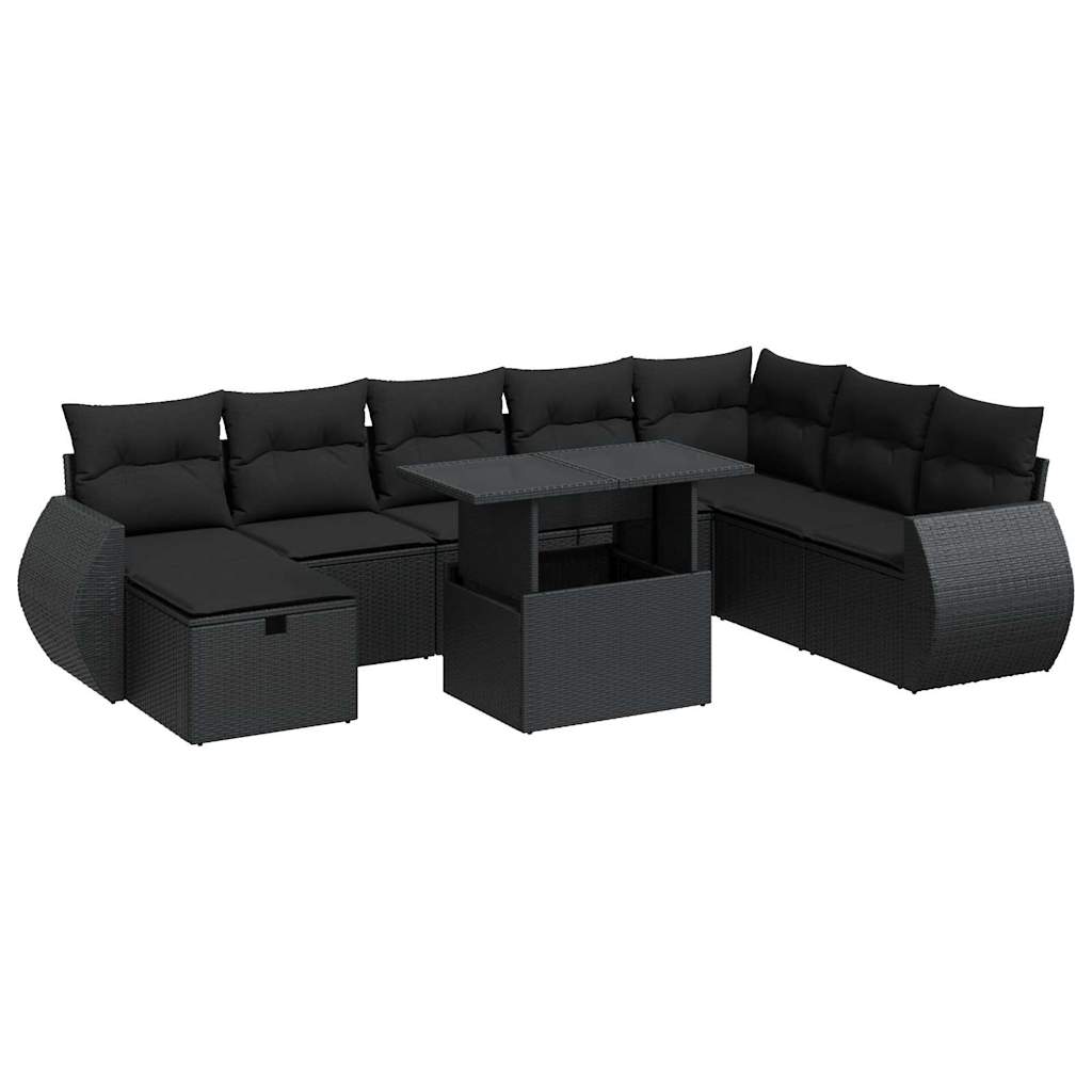 Set mobilier de grădină cu perne, 9 piese, negru, poliratan