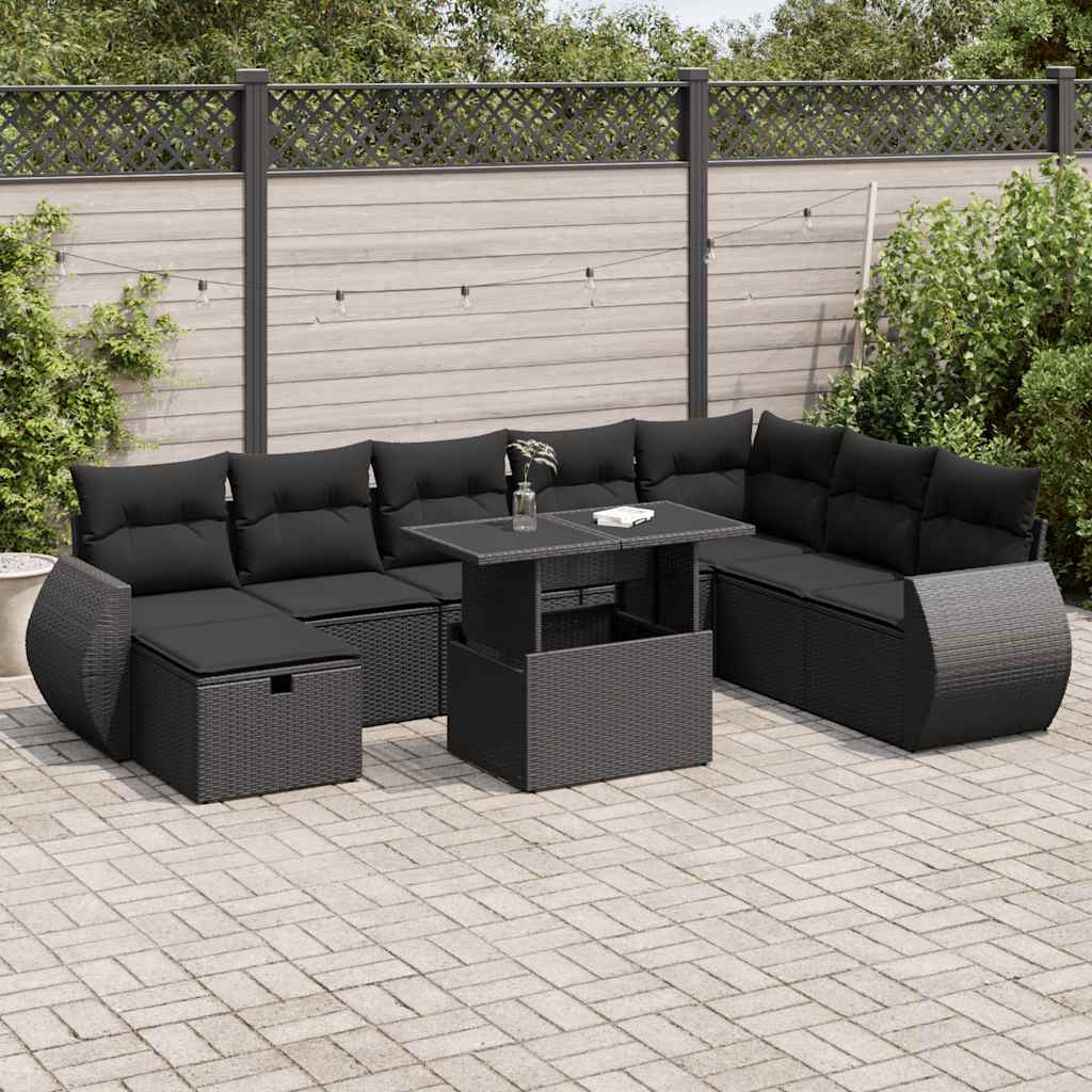 Set mobilier de grădină cu perne, 9 piese, negru, poliratan