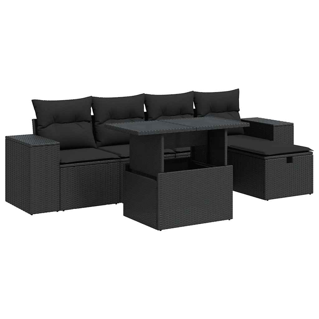 Set mobilier de grădină cu perne, 6 piese, negru, poliratan