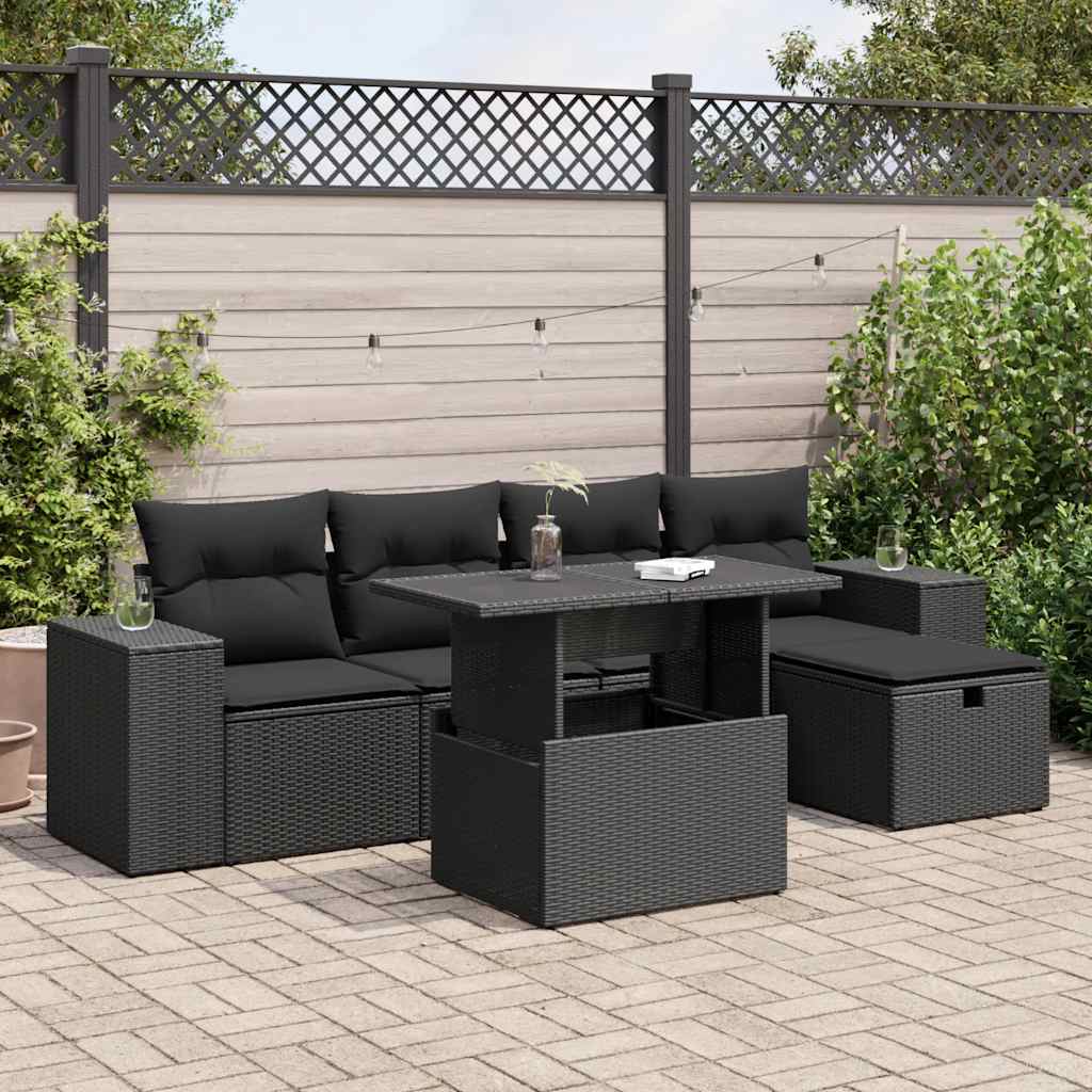 Set mobilier de grădină cu perne, 6 piese, negru, poliratan