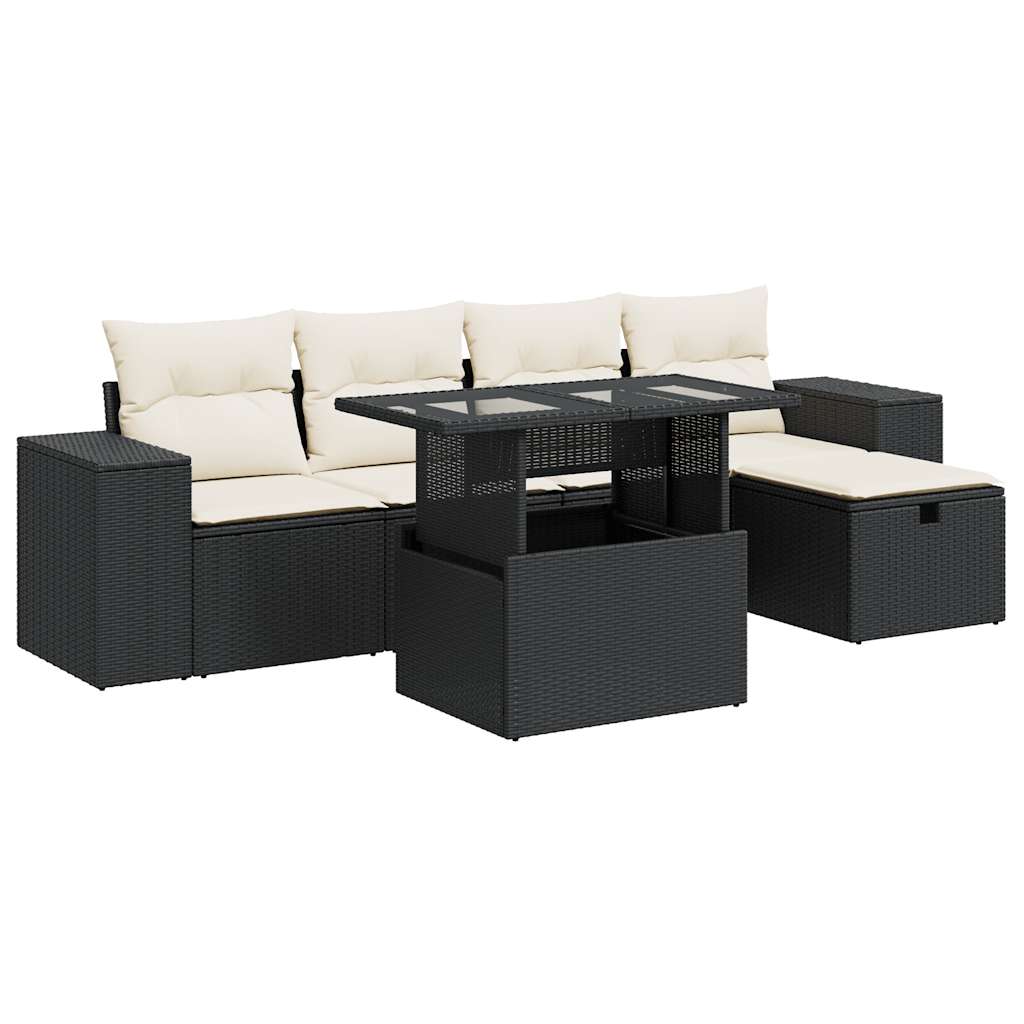 Set mobilier de grădină cu perne, 6 piese, negru, poliratan