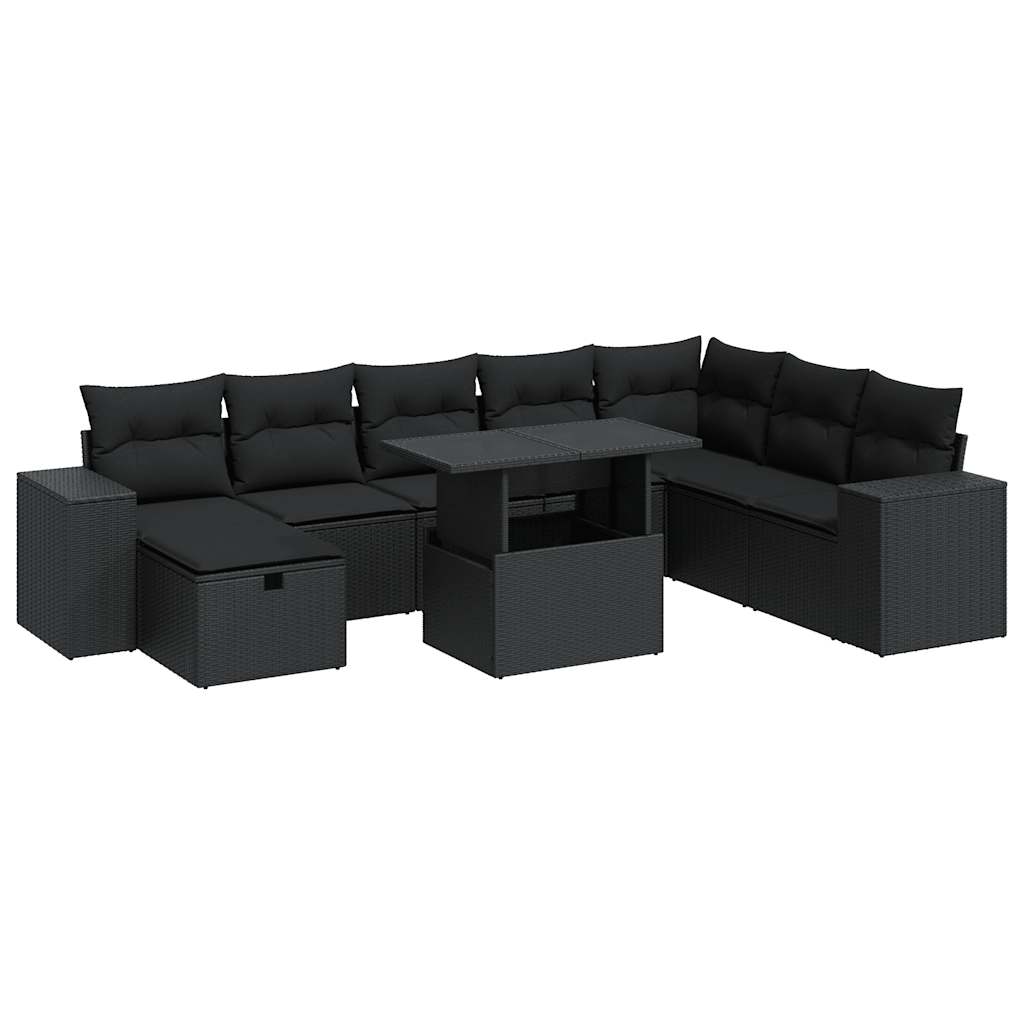 Set mobilier de grădină cu perne, 9 piese, negru, poliratan