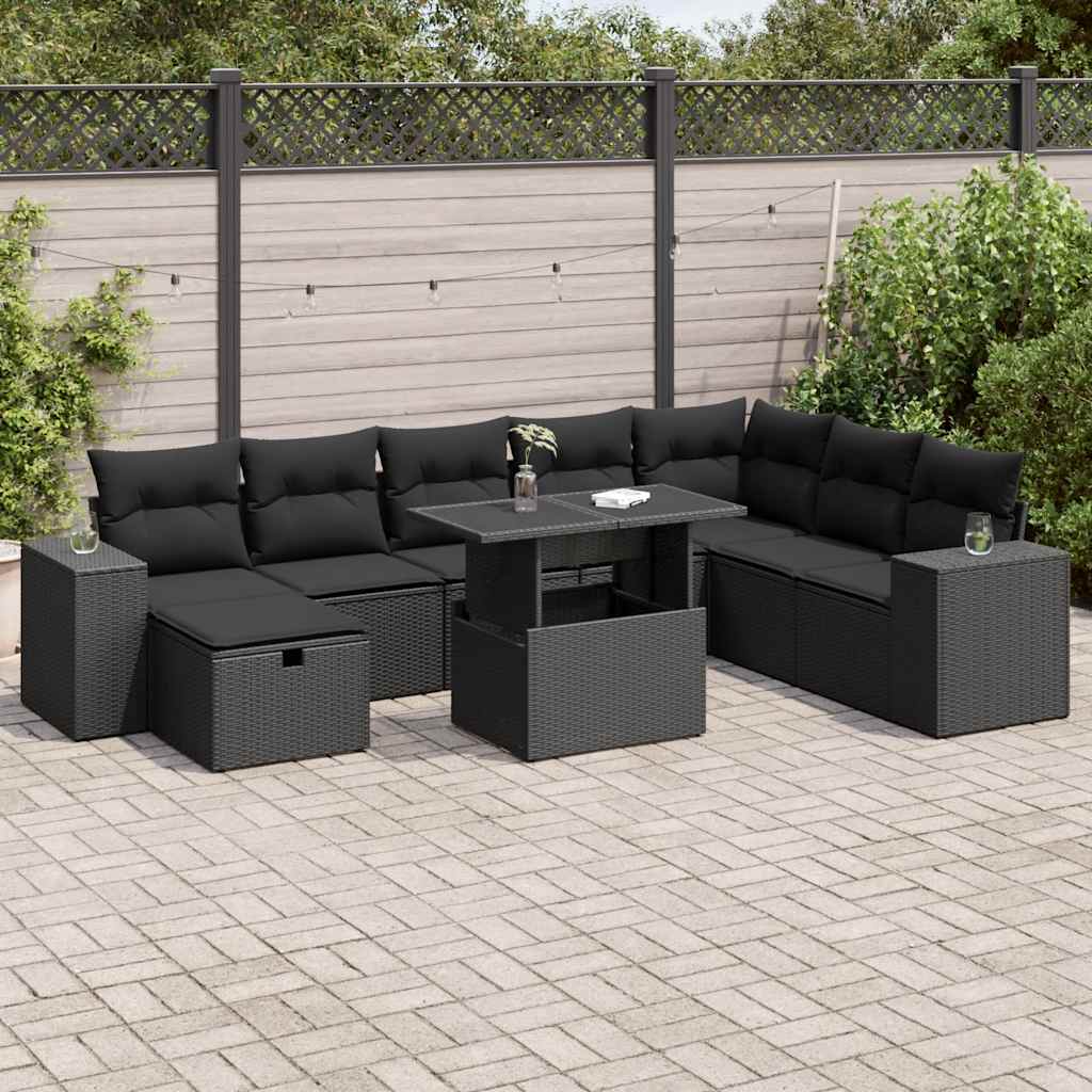 Set mobilier de grădină cu perne, 9 piese, negru, poliratan